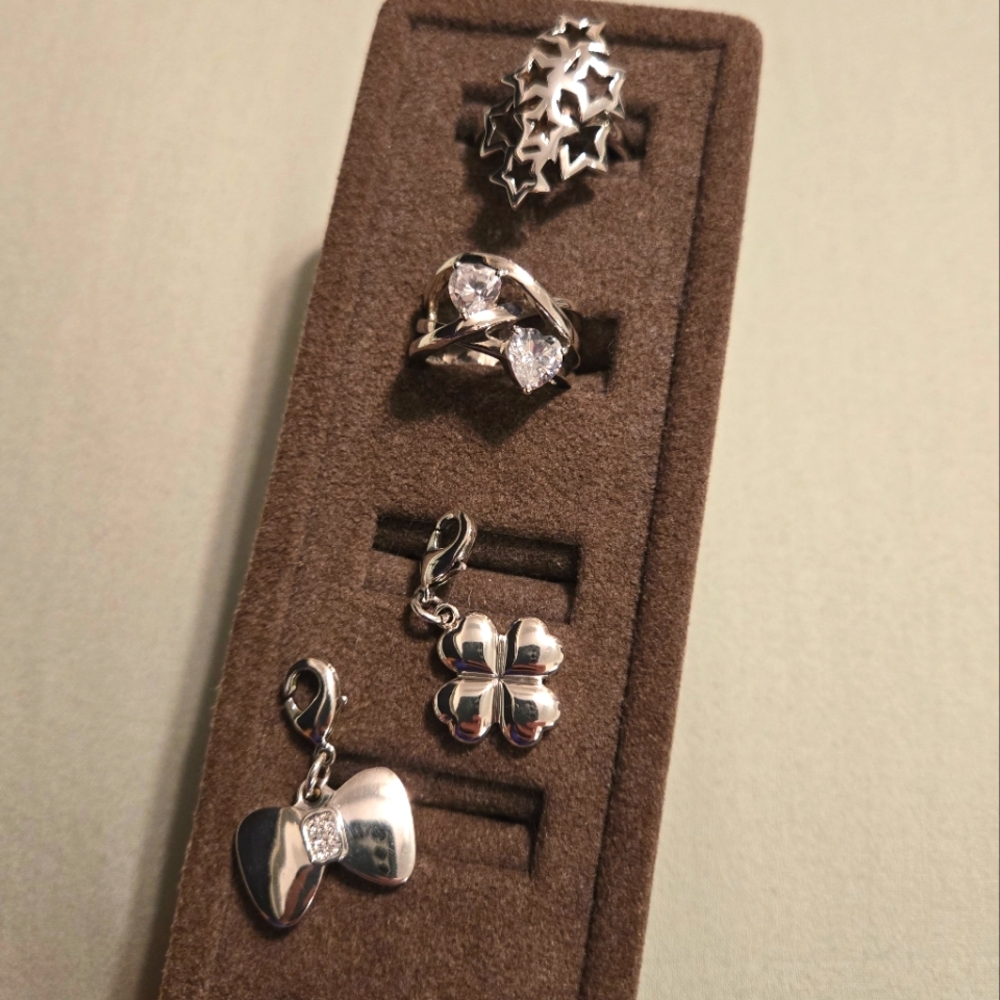 FOLLI FOLLIE 925 sterling silver set of 2 rings, 2 charms